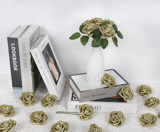 Gold Glitter Roses, 50PCS Fake Roses 2.76" Gold Flowers Artificial for Decoration Wedding Christmas Home Table Floral Arrangement