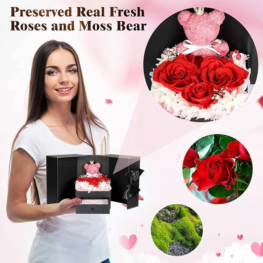 Cute Preserved Real Roses Bear Gift Box for Girlfriend with Initial Necklace L, Unique Birthday Gift for Mom, Her, Grandma, Anniversary Presents for Wife Women