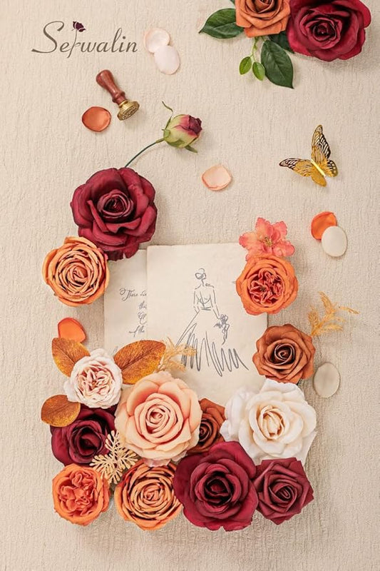 Serwalin Artificial Fall Flowers, Fake Silk Flowers Cake Flowers Roses Orange Flowers for DIY Wedding Decoration Arrangements Party Decorations Baby Shower Fall Home Decor