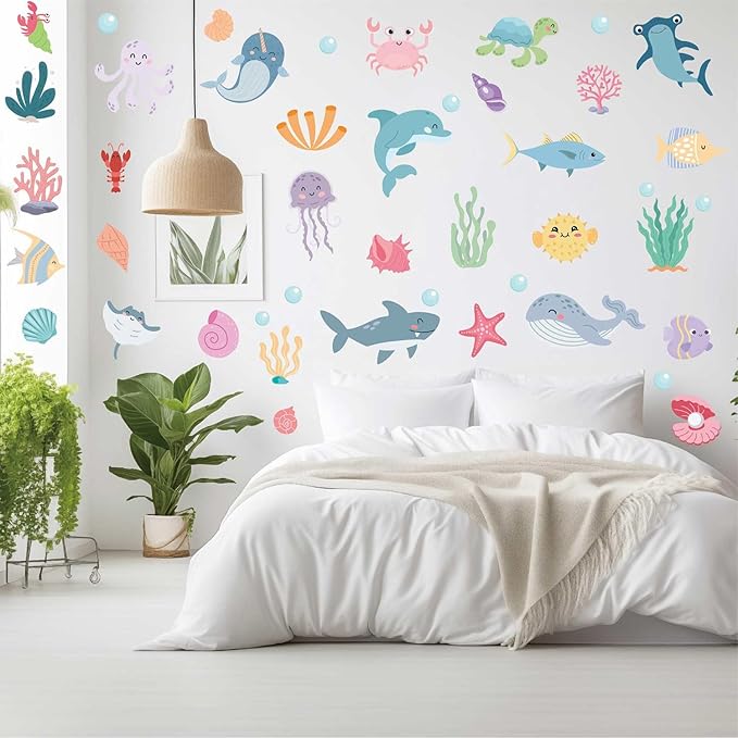 58Pcs Ocean Adventure Wall Stickers - Removable Under The Sea Nursery Decor, Peel & Stick Marine Animal Wall Decals for Kids' Bedroom & Playroom