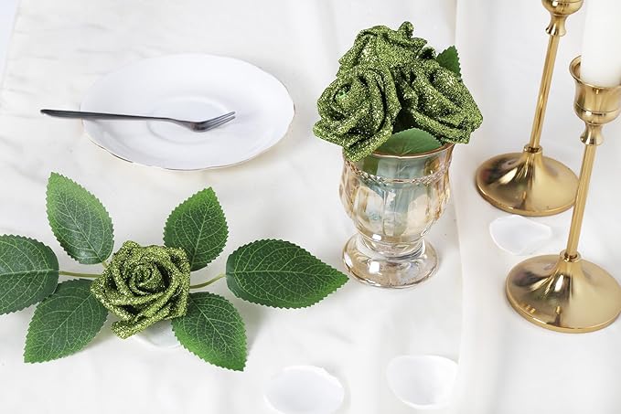 IPOPU Glitter Flowers, 25pcs Glitter Roses Green Foam Flowers Foam Roses with Stems for DIY Wedding Bridal Bouquet Home Party Decoration(Green)