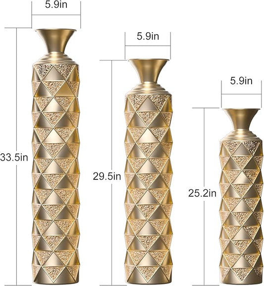 Metal Floor Vases Decorative, Set of 3 Flower Arrangement Stand, Metal Decorative Vase Tall Distressed Metallic Centerpiece Vases with 3D Triangle Pattern, 33.5", 29.5", 25.2" H (Antique Gold)