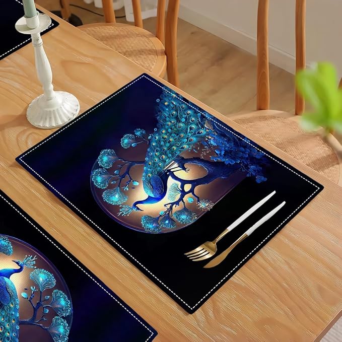 Blue Peacock Placemats Set of 4, Peacock Tree Place Mats Washable Double-Sided Table Mats for Kitchen Dining Room Home Party Indoor Decor 4 PCS 12x18 Inch