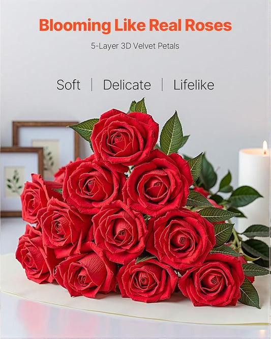 VEVOR Artificial Flowers, 60 pcs Real Looking Red Foam Fake Roses Bulk, Faux Red Bridal Shower with Stems for DIY Wedding Bouquets, Home Centerpieces Arrangements, Party Tables Decorations