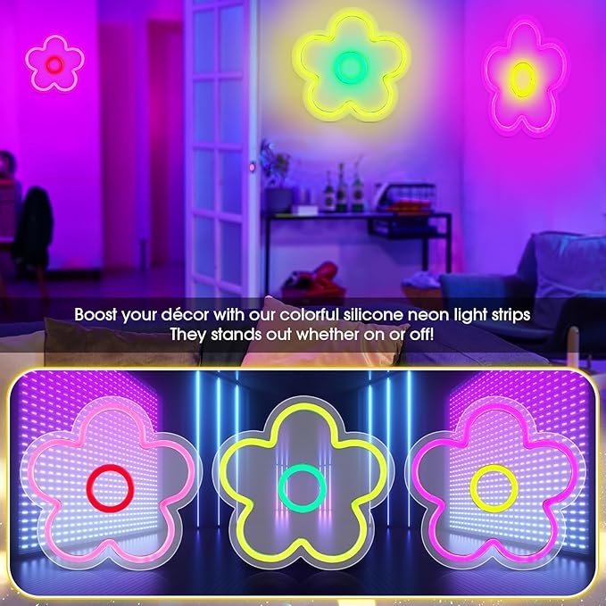 Baquler 3 Pcs Flower Neon Sign Light up Flower Sign Retro Neon LED Lights USB Powered for Wall Decor Window Bedroom Home Girls Birthday Christmas Party Decoration, 9 x 9 Inches(Stylish)