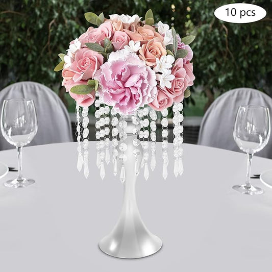 Flower Stand Vase, 10 Pcs Glam Crystal Wedding Reception Decorations with Sparkling Beads Table Center Display Flower Arrangement Flower Stand Metal Vase for Event Party Decor (Silver, H:13.78in)