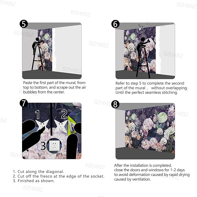Black Floral Wallpaper Bedroom Purple Botanical Flowers Leaf murals Living Room tv Background Large Wall Mural Aesthetic Room Decor - 137"x96" Not Peel and Stick