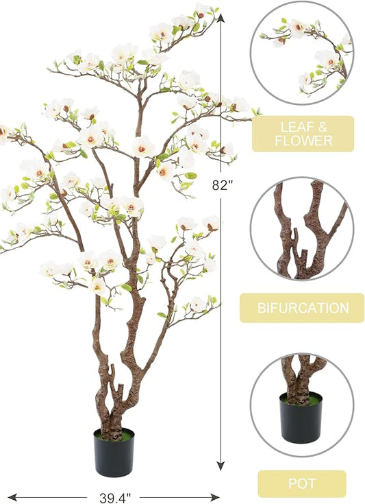 Artificial Magnolia Tree, 6.8FT Tall Fake Indoor Tree, Realistic Real Touch Leaves and Flowers Perfect for Indoor Decor, Living Room, Door, Office and Hotel Decor (White)