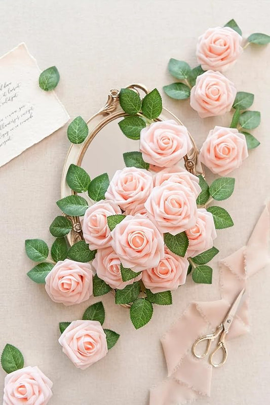 Ling's moment Artificial Flowers 25Pcs Pink Cream Roses Decor w/Stems,3" Real Touch DIY Foam Floral for Wedding Bouquet/Centerpieces, Outdoors Party Backdrop, Room/Table, and Garden/Pot Decorations