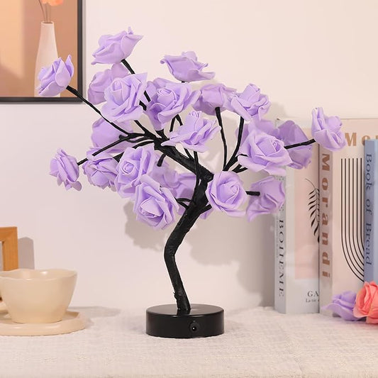 Drawelry Rose Flower Tree Lamp - LED Rose Tree Table Lamp USB/Battery Powered Artificial Bonsai Flower Night Light for Bedroom Living Room Party Wedding Birthday Decor (Purple)