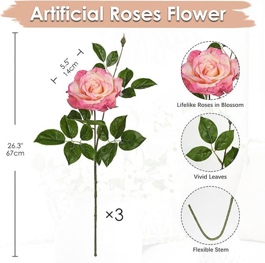 Hollyone 3Pcs Light Pink Roses Artificial Flowers Bouquets 26.3" Fake Flower Arrangements Silk Flowers Rose with Long Stem Floral Branch Faux Roses Flowers for DIY Table Centerpieces Home Decor