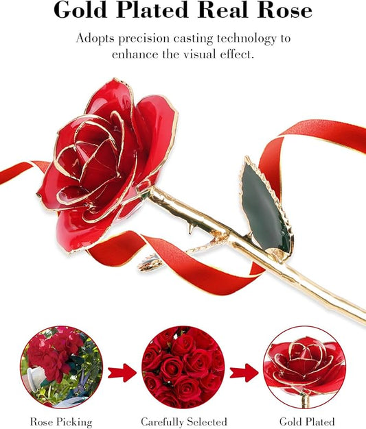 24K Gold Dipped Real Rose, Valentines Day Romantic Gift for Her, Eternal Preserved Red Forever Rose with Love Heart Stand, Anniversary Birthday Mothers Day Best Gift for Women Mom Wife Girlfriend