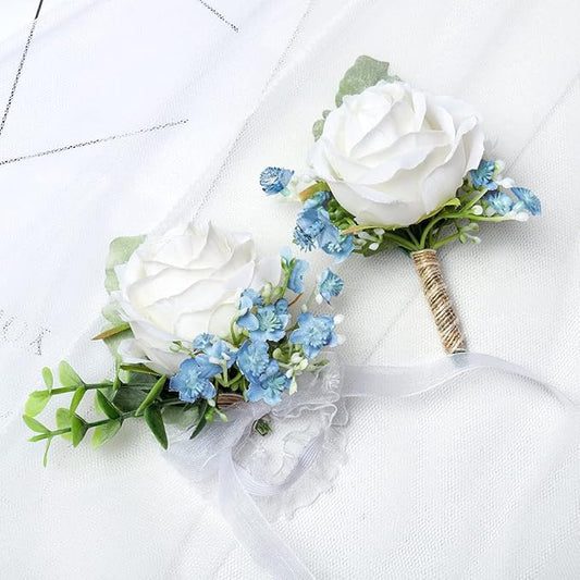 White & Blue Rose Corsage and Men Boutonniere Set for Wedding Ivory Corsages Wristlet Band Bracelet for Wedding Flowers Accessories Prom Homecoming Suit Decorations