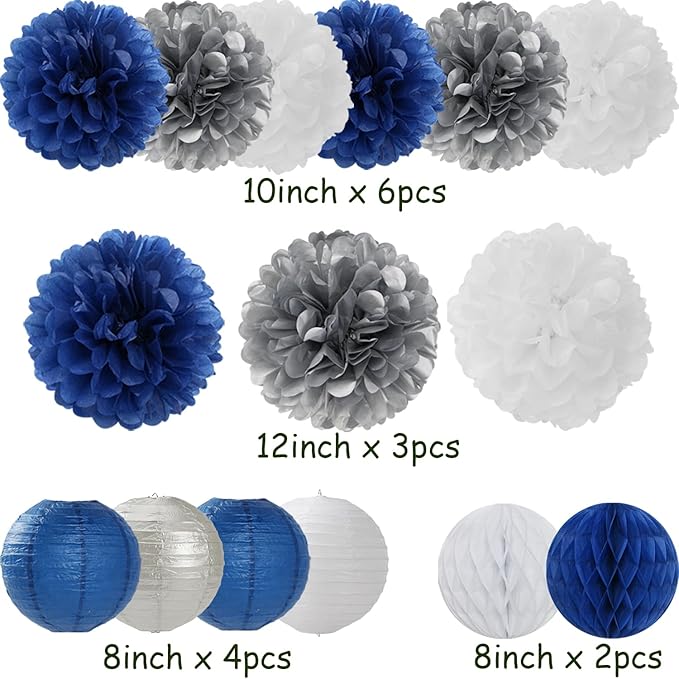 Navy Blue Silver White Paper Flowers Tissue Pom Poms Honeycomb Lanterns 15pcs Royal Party Decorations Boy Birthday Wedding Baby Bridal Shower Bachelorette Graduation Hanging Supplies Mprocherify