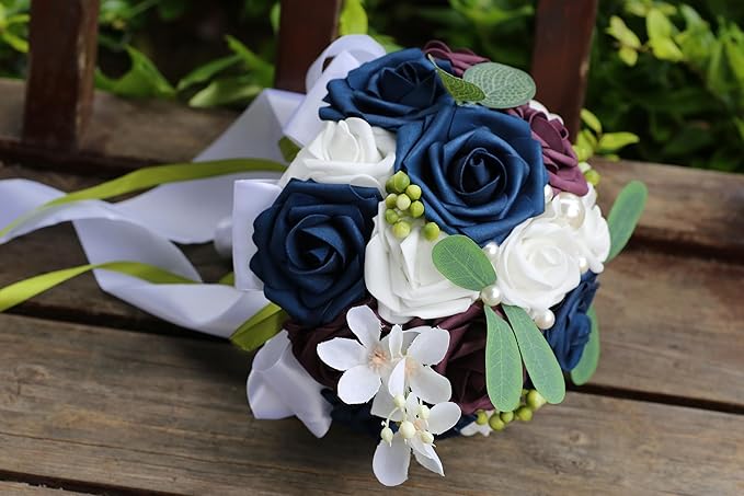 Lightweight Bridal Wedding Bouquet Round Holding Bouquet Throw Toss Artificial Rose Flower Bunch for Bride Bridesmaid Wedding Quinceanera (White, Navy & Dark Puce, 9.1")