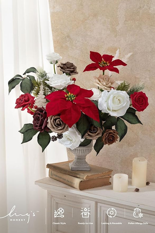 Ling's Moment Fake Flowers Box, Faux Artificial Greenery Stems Foam Roses Silk Leaves Fabic Flower for Centerpiece Bouquet Wedding Table Floral Vase Bridal Shower Party, Classic Christmas, Grand Combo