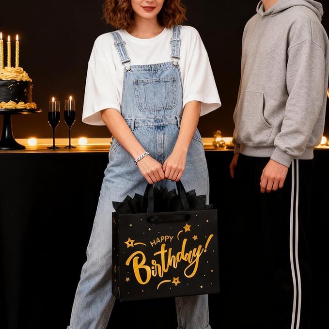 ASYEHJNR 13" Large Size Black Gold Birthday Gift Bag Twinkle Star with Metallic Gold Happy Birthday Sign Gift Bag with Greeting Card and Tissue Paper for Girls Boy Women Men Bday Supplies