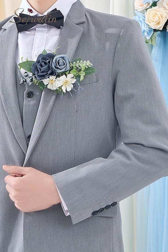 Serwalin Dusty Blue Corsage and Boutonniere Set 2pcs, 6-7inch Boutonniere and Wrist Corsage Wristband Prom Flower Wedding Flowers Accessories Prom Suit Decorations Cake Tppper