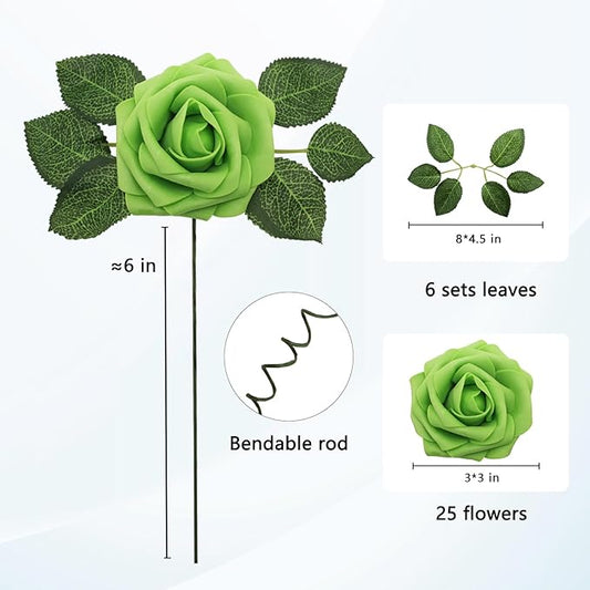 JOYLEX Artificial Flowers Realistic Roses, 25pcs Real Looking Fake Roses with Stem for DIY Wedding Bouquets Centerpieces Bridal Shower Party Home Romantic Decorations (Regular 3" - 25pcs, Green)