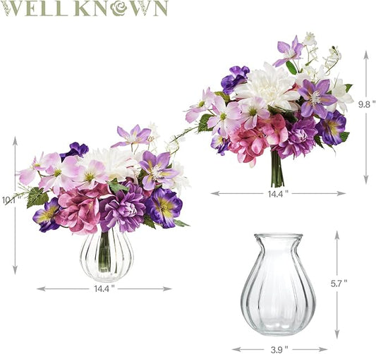 WELL KNOWN Artificial Flowers Silk Peony Flower Bouquet in Vase, Fake Flowers with Vase, Faux Flower Arrangements, Table Decorations for Living Room, Coffee Table Decor