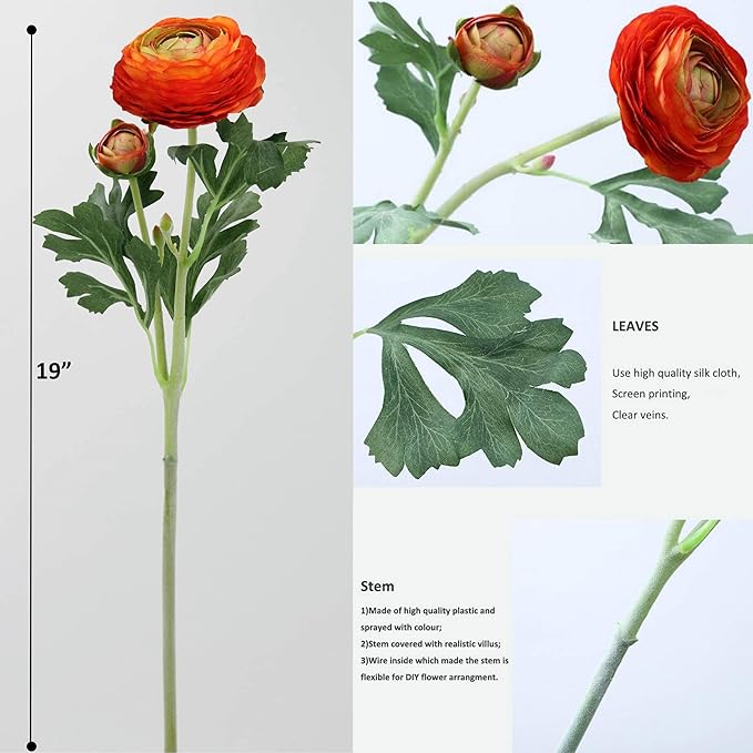 Artificial Ranunculus Flowers with Real Touch Stem, Silk Ranunculus Flowers (Orange, 6pcs)