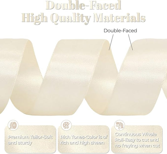 Double Faced Cream Satin Ribbon, 1-1/2 Inch X 25 Yards Polyester Ribbon for Gift Package Wrapping, Crafts, Bow Making, Sewing, Flower Bouquet, Wedding Party Decor