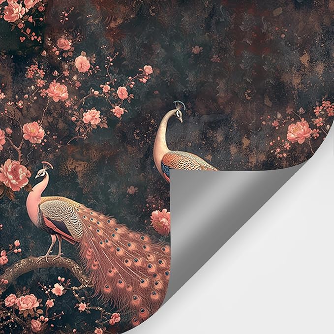 Large Peacock Wall Murals Peel and Stick 148" W x 98" H Canvas Pink Peony Flower Wallpaper Self Adhesive Retro Chinoiserie Wall Paper for Bedroom Living Room Home Decor