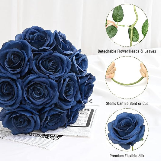 Waipfaru 16 Pcs Blue Roses Artificial Flowers, Long Stem Fake Roses, Silk Faux Flowers for Valentines Wedding Bouquet Vase Centerpiece Home Decor (Navy Blue)