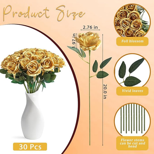 30pcs Fake Roses Artificial Silk Flowers Long Stems Bouquet for Wedding Bridal Shower Party Home Decoration (Gold)