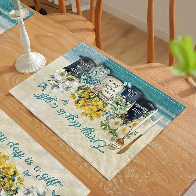 Farmhouse Spring Flower Placemats Set of 6 Every Day is A Gift Country Rustic Floral Yellow Double-Sided Table Mats for Dining Room Home Party Indoor 6 PCS 12x18 Inch