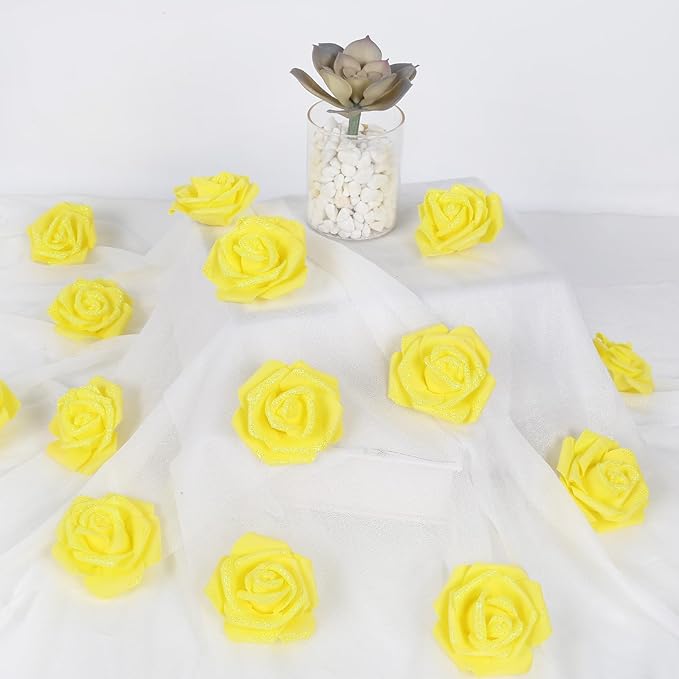 100pcs Yellow Glitter Roses - 2.56" Foam Glitter Flowers - Fake Roses for Bridal Shower Centerpieces & DIY Wedding Flower Arrangements