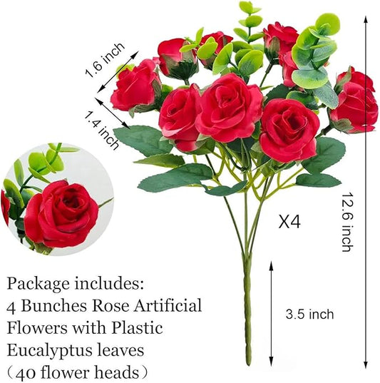 40 Heads Artificial Roses Flowers for Outdoors,4 Bunches Fake Silk Red Rose Plastic Flower UV-Resistant Faux Floral Bouquet Arrangements for Outdoor Vase Planters Garden Outside Decoration