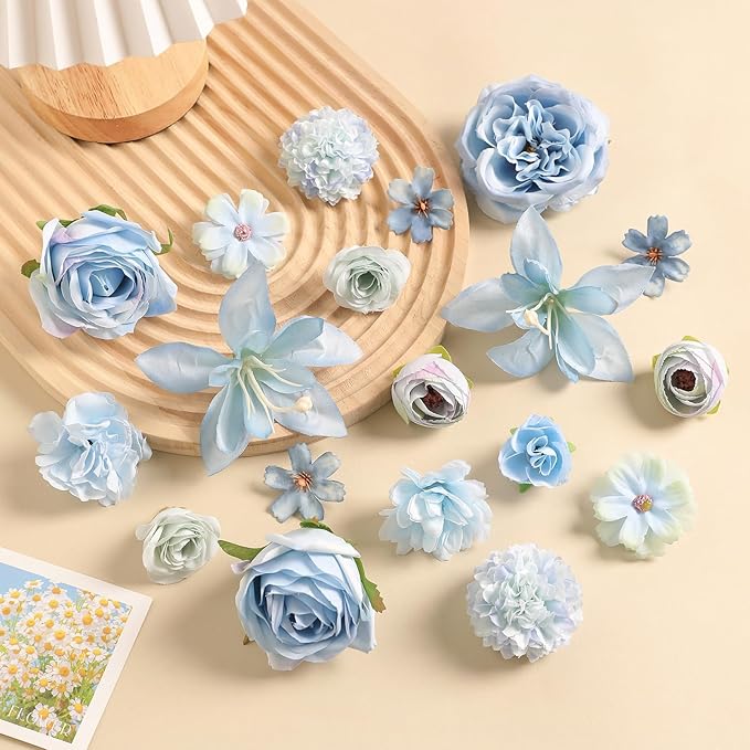 Fake Flower Heads for Crafts - Blue Silk Artificial Roses, Peonies, Daisies & Mini Floral Heads Bulk (48-Pack) for Wedding Decor, Graduation Cap, Cake Topper, Baby Shower, Home Decoration