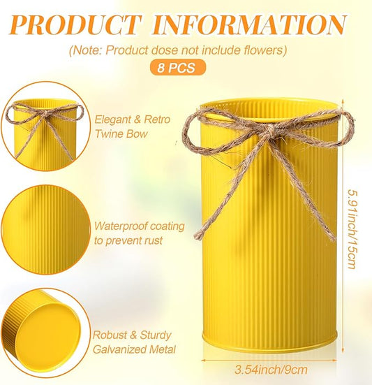 Domensi 5.91 in High Farmhouse Vase Decor Galvanized Metal Flower Vase with Twine Bow Vintage Rustic Tin Flower Buckets for Artificial Floral Table Container DIY(Yellow, Orange,8 Pcs)