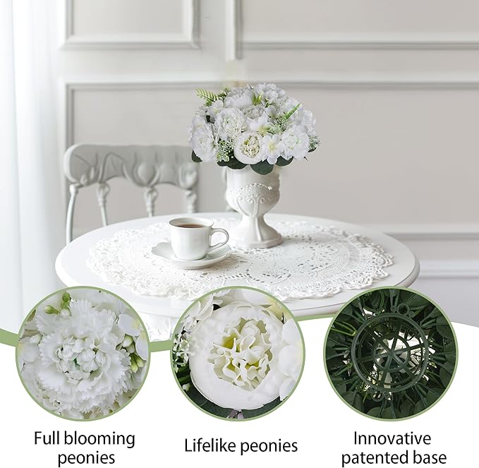 BLOSMON Flower Balls for Table Centerpieces: 2pc 9.5 Inch White Artificial Peony Floral Arrangement Bouquet Dinning Table Decoration Easy Use Kissing Ball for Home Party Decor