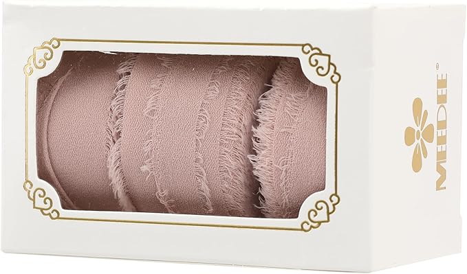 MEEDEE Dusty Rose Chiffon Ribbon 1 Inch Fringe Ribbons Dark Pink Chiffon Silk Frayed Edge Ribbon Thin Chiffon Ribbons for Crafts, Gift Wrapping, Wedding Invitation (3 Rolls 21 Yards)