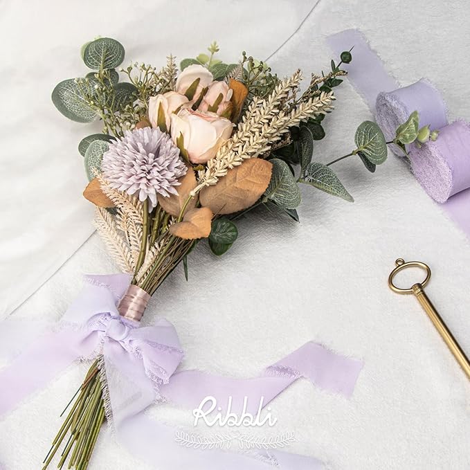 Ribbli Lavender Chiffon Silk Ribbon, 1-1/2 inch x 20 Yard, Handmade Fringe, Light Purple for Wedding Invitations, Bridal Bouquets, Flower Arrangement Decoration