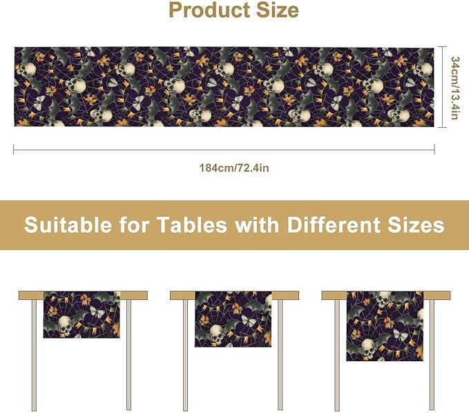 Gothic Table Runner,Vintage Moth Skull Bat Print Table Runner for Home Kitchen Table Dining Garden Farmhouse Wedding Party Decor 13x70 Inch