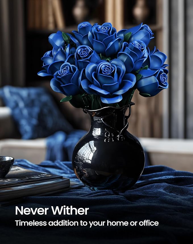 iATOM Blue Rose Bouquet Building Set, Gift for Christmas, Artificial Flowers Botanical Collection for Adults - Gothic Home Office Table Centerpiece Retro Decor - IA11007