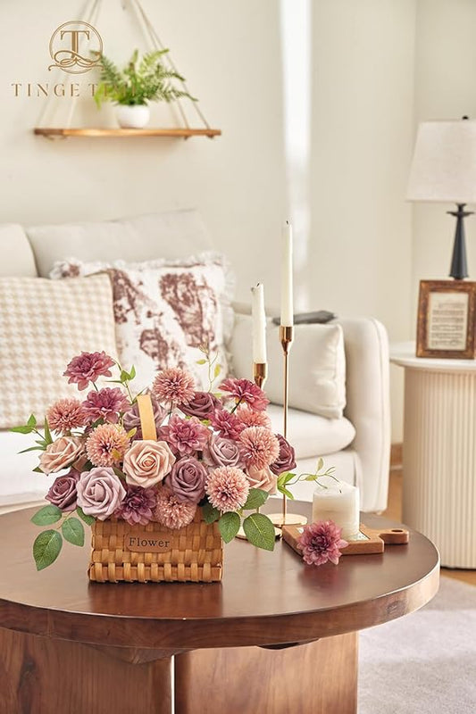 TINGE TIME Dusty Pink Flowers, Dusty Rose Fake Flower Leaf with Stems for DIY Wedding Bouquets Table Centerpieces Baby Shower Home Party Floral Arrangements Decorations