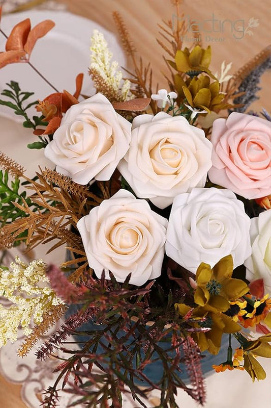 MACTING Artificial Flower Roses 30PCS Real Touch Fake Flowers with Stem Foam Roses for DIY Wedding Bouquet Table Centerpieces Bridal Shower Party Home Spring Valentines Day Decorations (Cream)