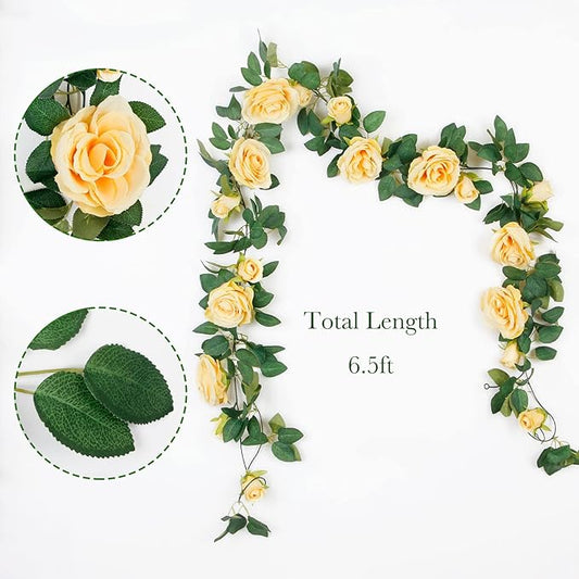 TELDRASSIL 4Pcs(26 FT) Artificial Rose Vine Fake Flower Garland Fake Silk Rose Hanging Vine for Wedding Party Background Arch Garden Background Decoration (Champagne)