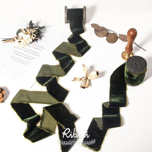 Ribbli Dark Moss Velvet Ribbon 1.5 Inch Handmade Frayed Vintage Christmas Ribbon for Gift Wrapping Christmas Tree Ornament Wreath Craft Home Decor -Total 3 Yards with Wooden Spool