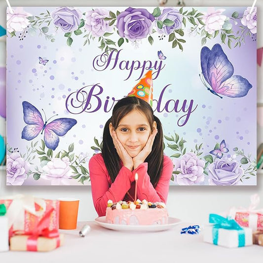 5x4Ft Purple Butterfly Birthday Banner Backdrop for Women Girl Purple Happy Birthday Backdrop Banner Rose Flowers Butterfly Decortions for Girl 's Party 59×47 inch