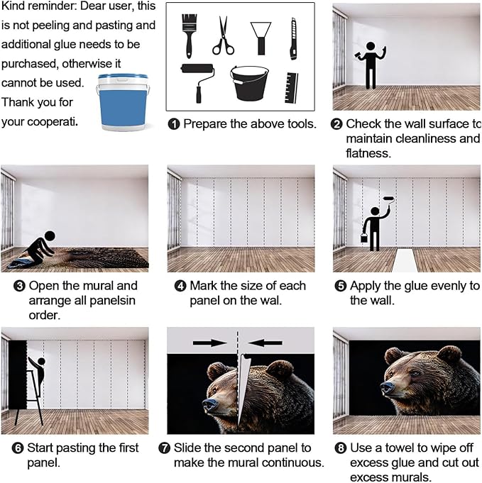Brown Bear Wall Mural, Bear 3D Wall Murals, Wild Animal Wallpaper Mural, for Living Room Bedroom Large Wallpaper Indoor Decor 59" W x39.4 H