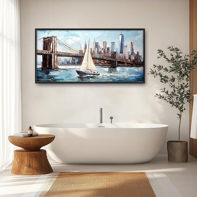 Extra Large Sailboat Framed Wall Art for Living Room,Oversized New York Brooklyn Bridge Pictures Wall Decor,Cityscape Canvas Print Painting Modern Artwork Bedroom Office Bathroom 60L x 30W