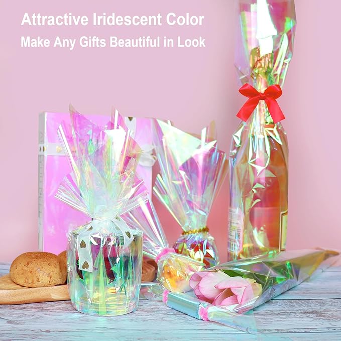 SYOGUA 82 Ft x 17 In Cellophane Roll Extra Wide Iridescent Cellophane Wrap Gift Baskets Wrapping Plastic for Basket, Treats, DIY Crafts, Birthday Gifts