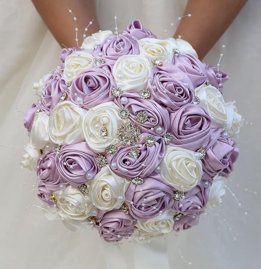 Bridal Wedding Bouquet Round Bling Brooch Bouquet Throw Toss Artificial Rose Flower Bunch for Bride Bridesmaid Wedding Quinceanera(Light Taro Purple & Ivory, 7.5")