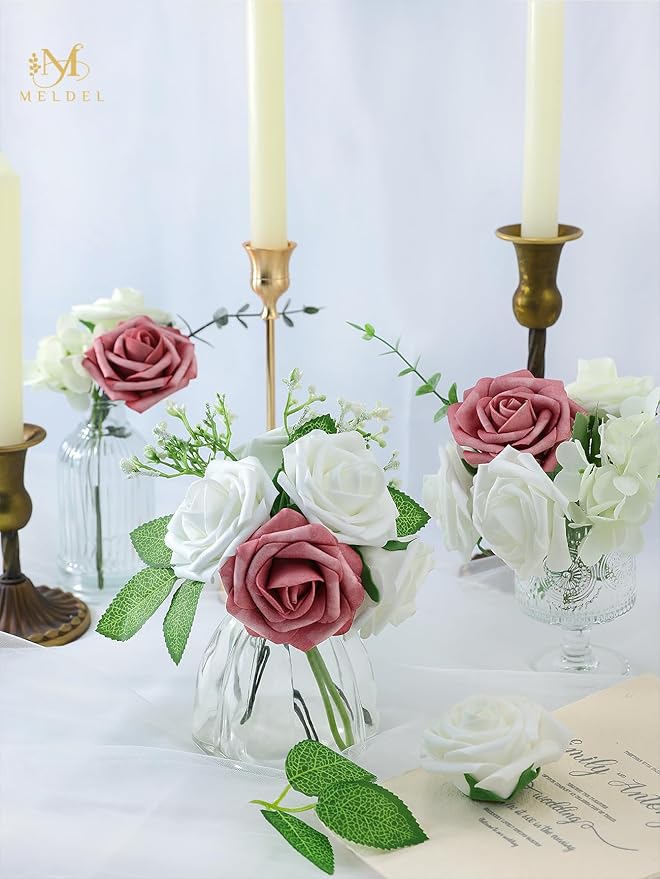 Meldel Artificial Flower 25pcs Real Touch Ivory Fake Foam Roses with Stems for DIY Wedding Bouquets Gifts White Bridal Shower Faux Floral Centerpieces Arrangements Home Party Tables Decorations