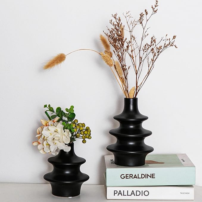 Modern Ceramic Vase Set, Small Matte Black Vases for Home Decor, Minimalist Vase for Entryway, Living Room Decoration, Table Centerpieces